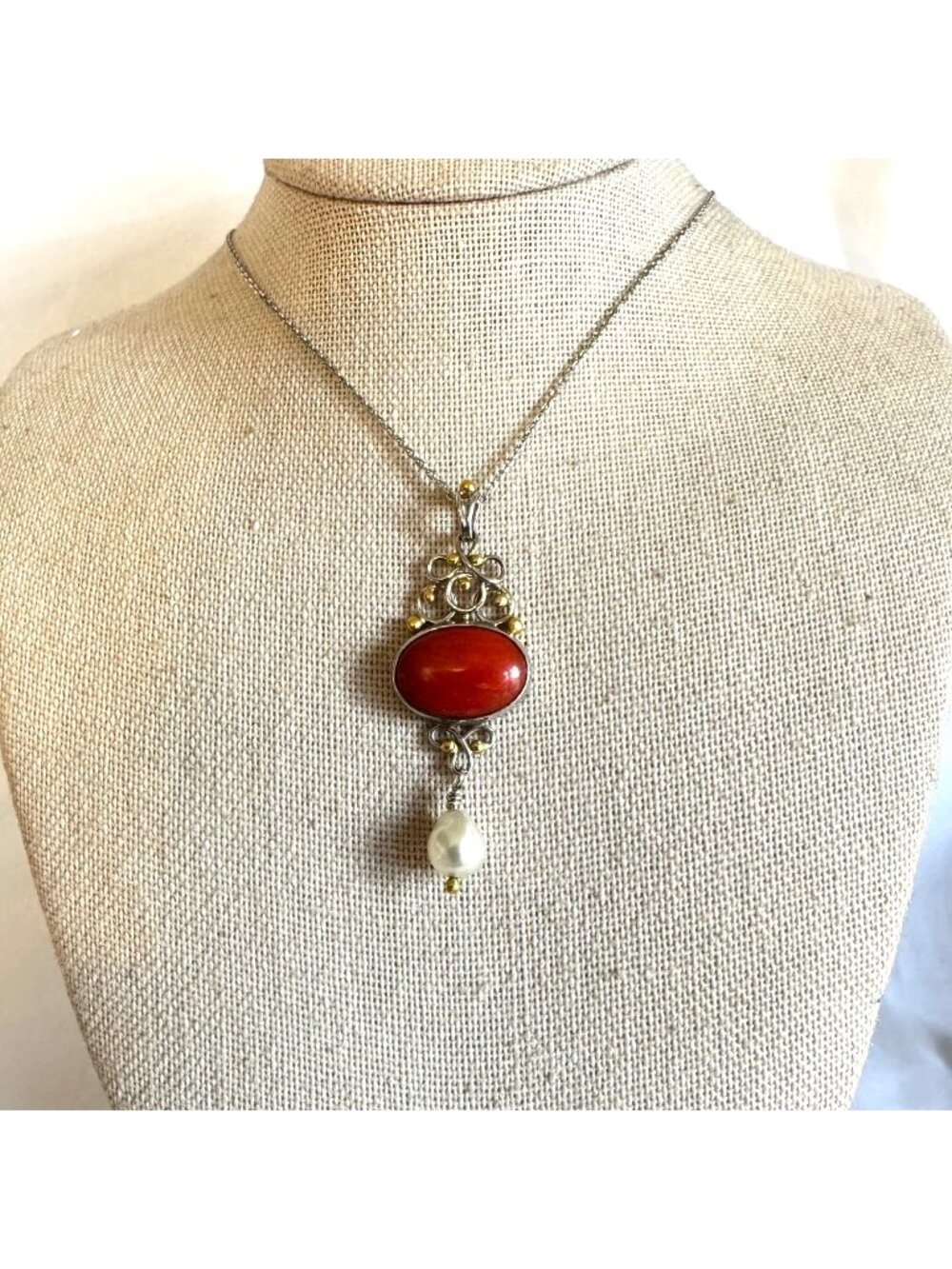 Antique 850 Platinum 18K Oxblood Coral & Pearl Lavalier Pendant Plat Chain 17.5'